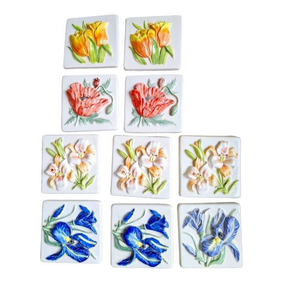 Rare 3D Porcelain Tiles Crafters Lot of 10 Flowers 4 x 4 Vintage 1980s - Picture 6 of 11